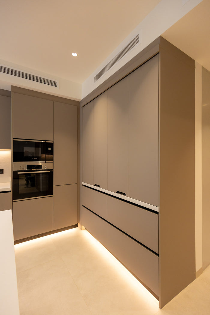Huxberry bespoke taupe kitchen with quartz island, Jumeirah Park, Dubai