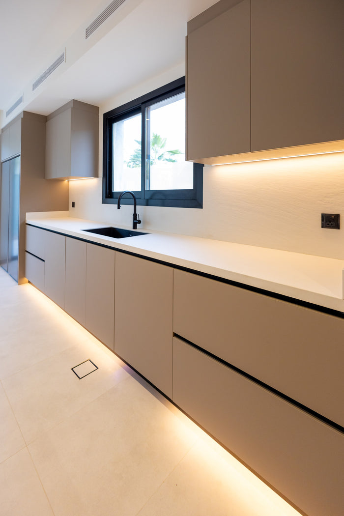 Huxberry bespoke taupe kitchen with quartz island, Jumeirah Park, Dubai