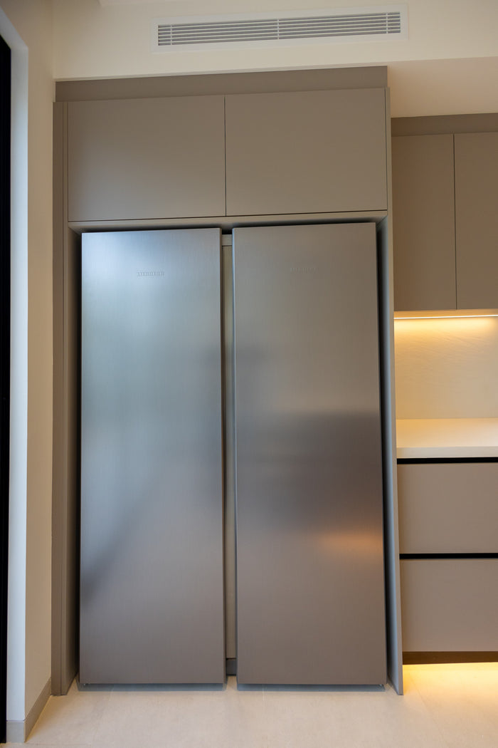 Huxberry bespoke taupe kitchen with quartz island, Jumeirah Park, Dubai