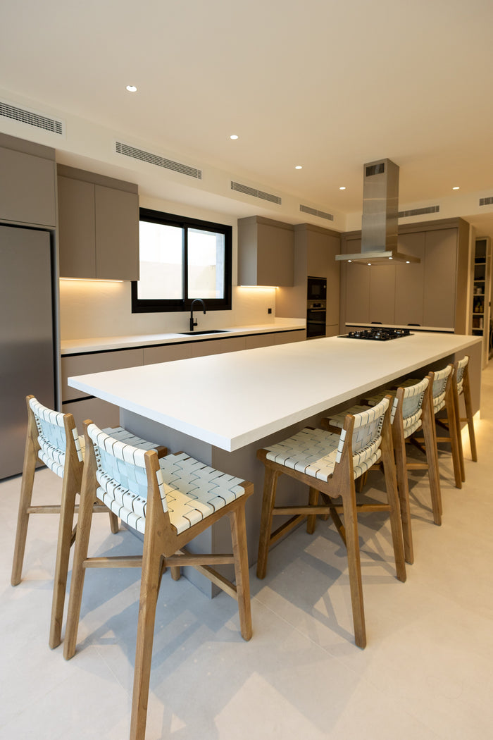 Huxberry bespoke taupe kitchen with quartz island, Jumeirah Park, Dubai