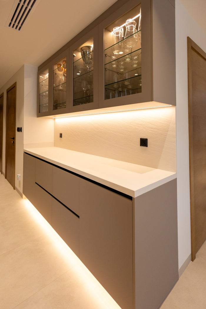 Huxberry bespoke taupe kitchen with quartz island, Jumeirah Park, Dubai