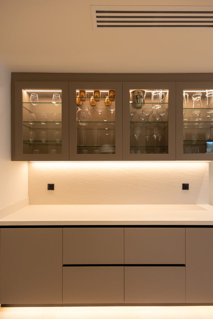 Huxberry bespoke taupe kitchen with quartz island, Jumeirah Park, Dubai