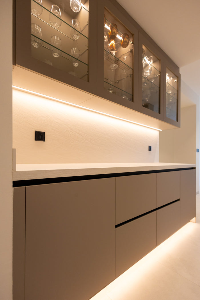 Huxberry bespoke taupe kitchen with quartz island, Jumeirah Park, Dubai
