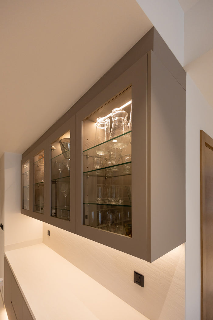 Huxberry bespoke taupe kitchen with quartz island, Jumeirah Park, Dubai