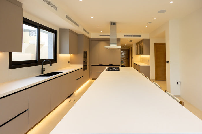 Huxberry bespoke taupe kitchen with quartz island, Jumeirah Park, Dubai