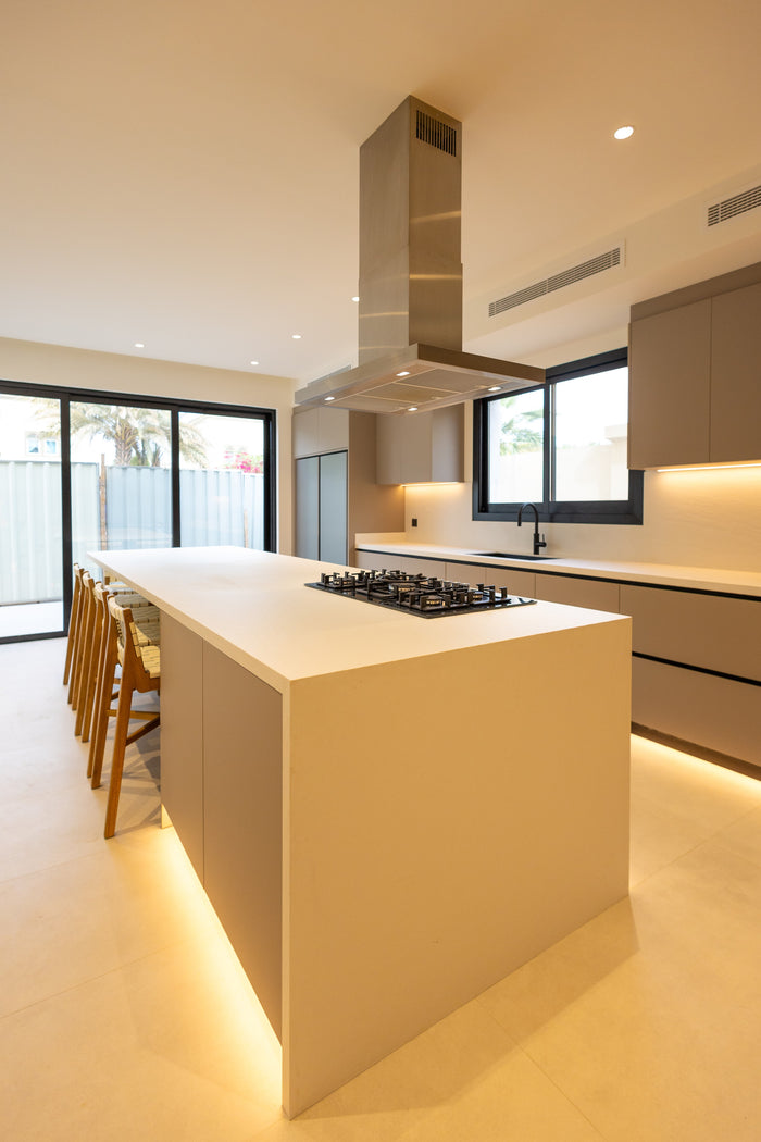 Huxberry bespoke taupe kitchen with quartz island, Jumeirah Park, Dubai