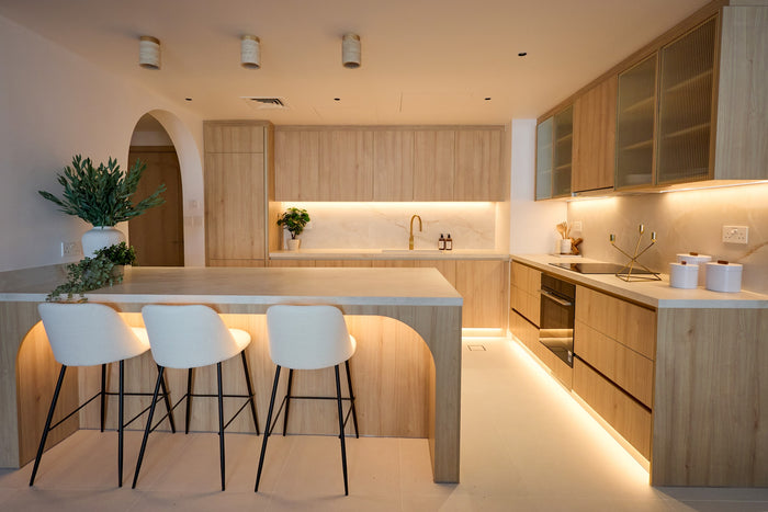 Huxberry bespoke light oak kitchen with arches, Motor City, Dubai