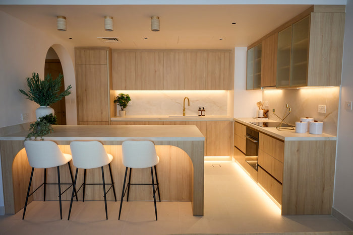 Huxberry bespoke light oak kitchen with arches, Motor City, Dubai