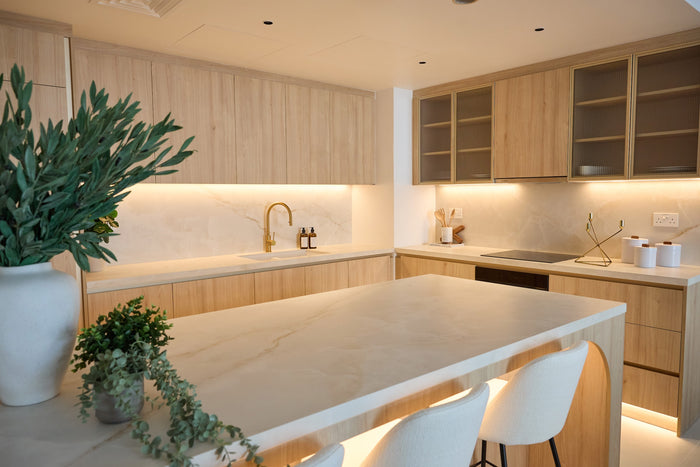 Huxberry bespoke light oak kitchen with arches, Motor City, Dubai