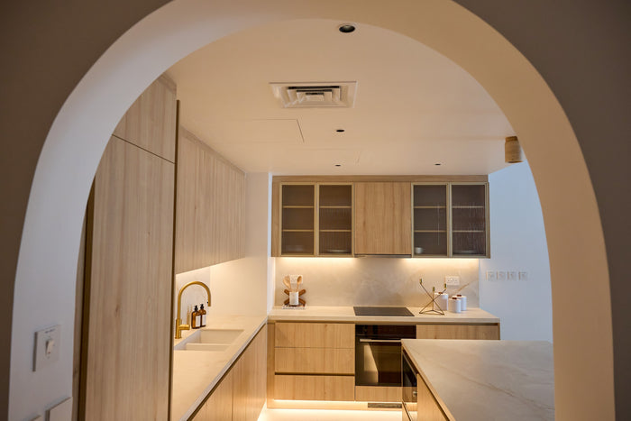 Huxberry bespoke light oak kitchen with arches, Motor City, Dubai