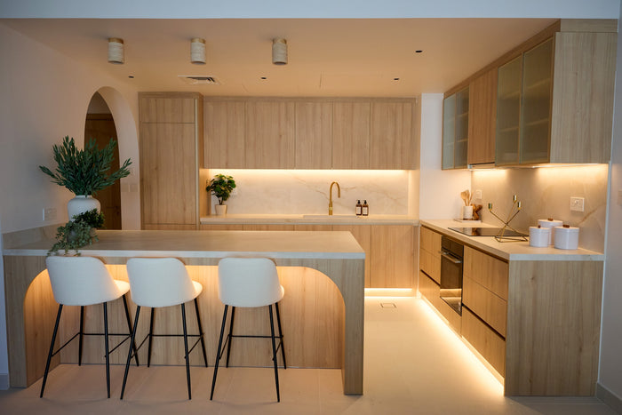 Huxberry bespoke light oak kitchen with arches, Motor City, Dubai