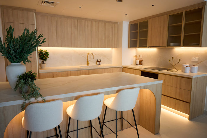Huxberry bespoke light oak kitchen with arches, Motor City, Dubai