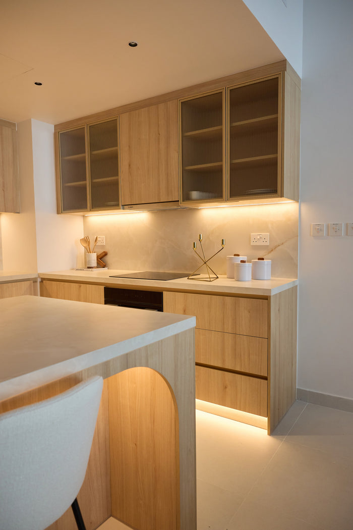 Huxberry bespoke light oak kitchen with arches, Motor City, Dubai