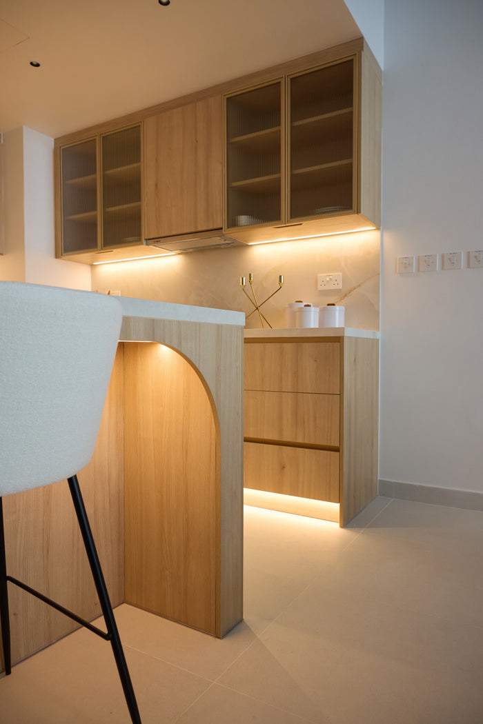 Huxberry bespoke light oak kitchen with arches, Motor City, Dubai