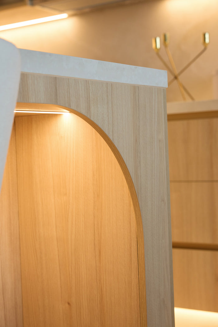 Huxberry bespoke light oak kitchen with arches, Motor City, Dubai