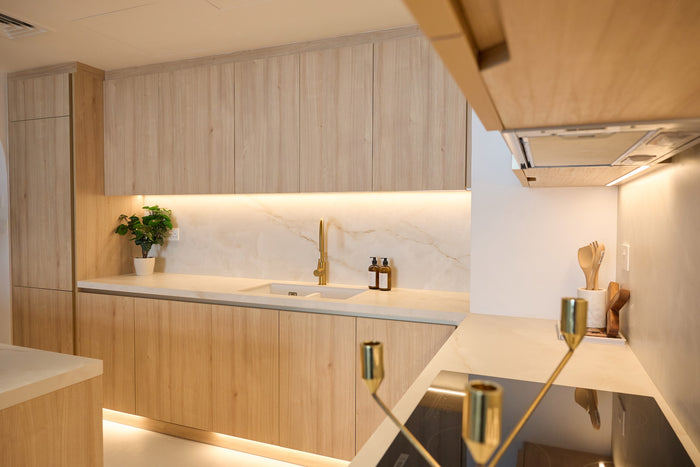 Huxberry bespoke light oak kitchen with arches, Motor City, Dubai