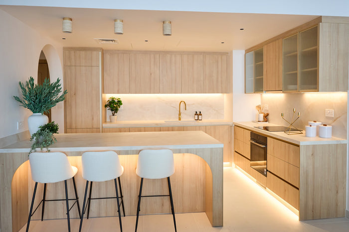 Huxberry bespoke light oak kitchen with arches, Motor City, Dubai