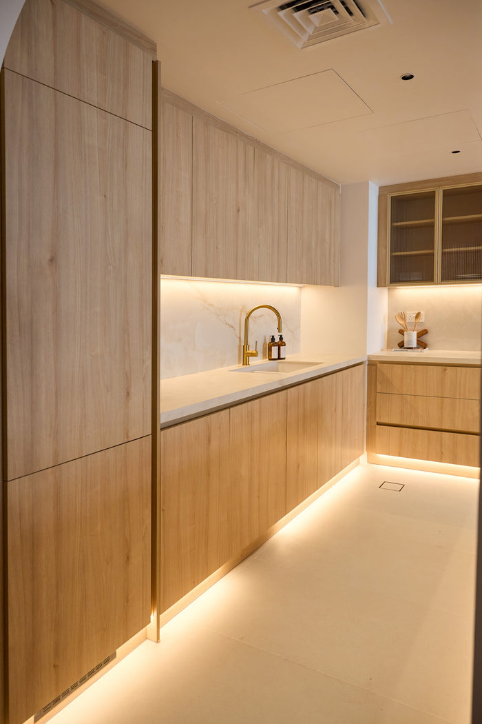 Huxberry bespoke light oak kitchen with arches, Motor City, Dubai