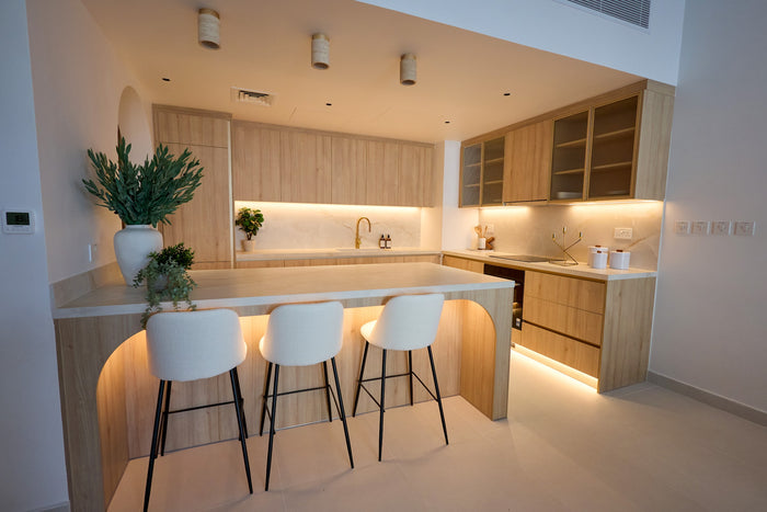 Huxberry bespoke light oak kitchen with arches, Motor City, Dubai