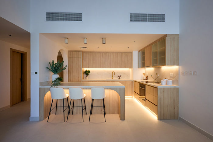 Huxberry bespoke light oak kitchen with arches, Motor City, Dubai