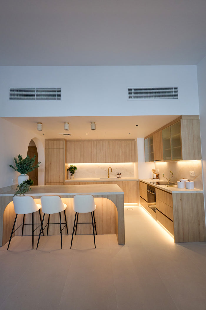 Huxberry bespoke light oak kitchen with arches, Motor City, Dubai