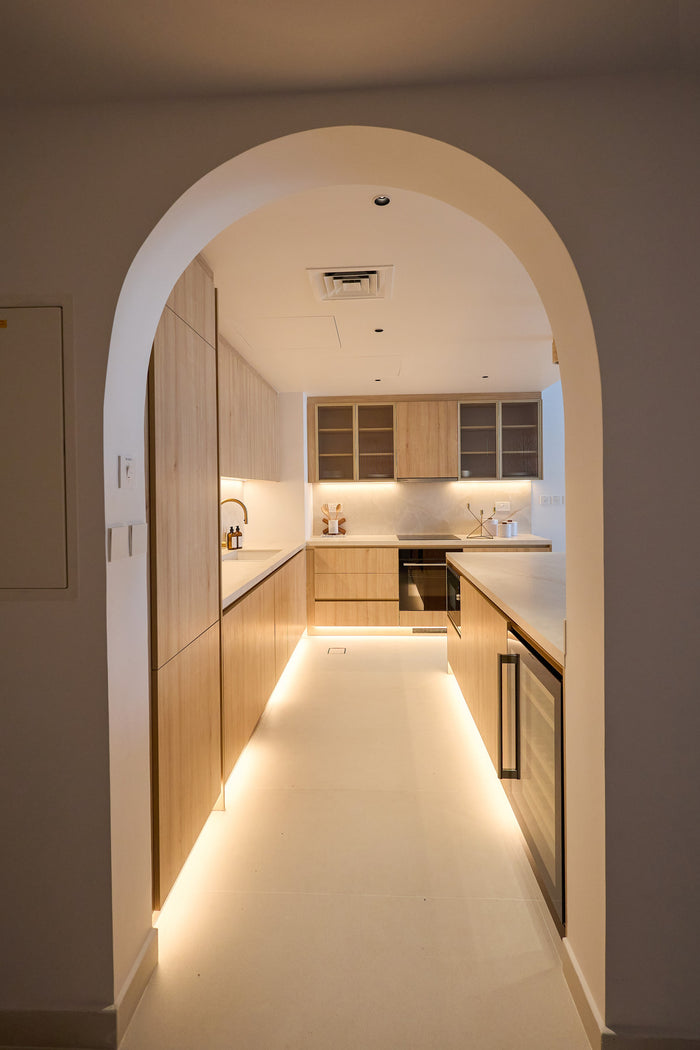 Huxberry bespoke light oak kitchen with arches, Motor City, Dubai
