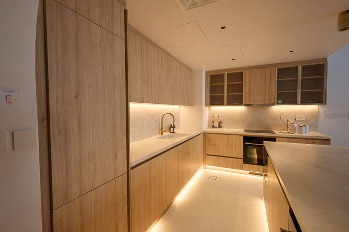 Huxberry bespoke light oak kitchen with arches, Motor City, Dubai