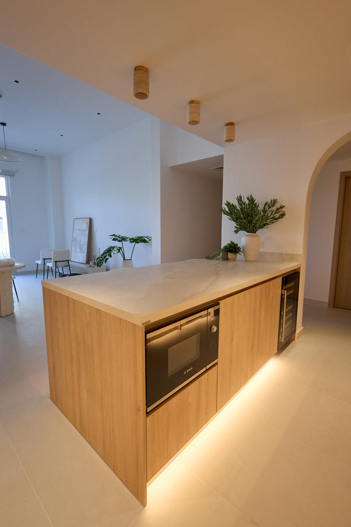 Huxberry bespoke light oak kitchen with arches, Motor City, Dubai