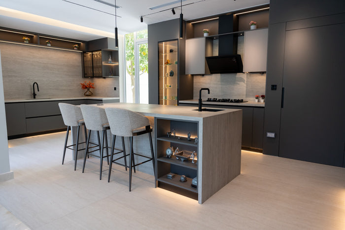 Huxberry bespoke graphite and travertine kitchen, Victory Heights, Dubai