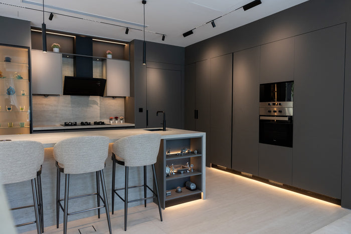 Huxberry bespoke graphite and travertine kitchen, Victory Heights, Dubai
