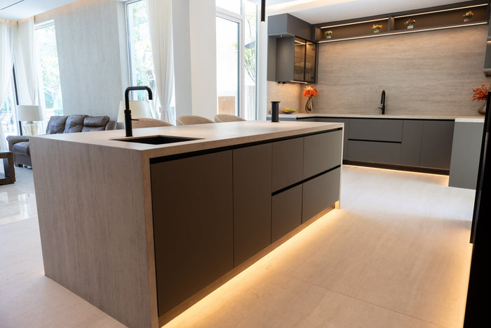 Huxberry bespoke graphite and travertine kitchen, Victory Heights, Dubai