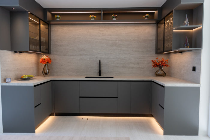 Huxberry bespoke graphite and travertine kitchen, Victory Heights, Dubai