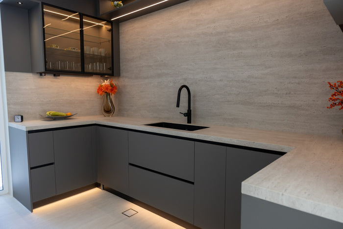 Huxberry bespoke graphite and travertine kitchen, Victory Heights, Dubai