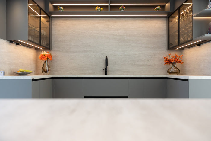 Huxberry bespoke graphite and travertine kitchen, Victory Heights, Dubai