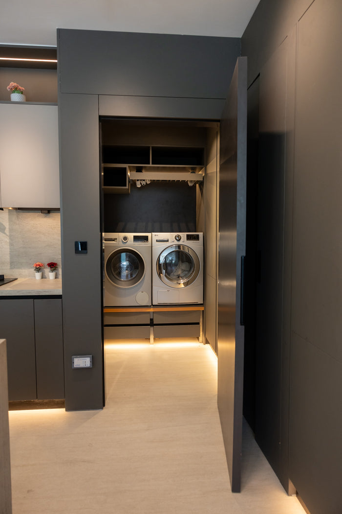 Huxberry bespoke graphite and travertine kitchen, Victory Heights, Dubai