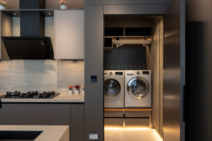Huxberry bespoke graphite and travertine kitchen, Victory Heights, Dubai