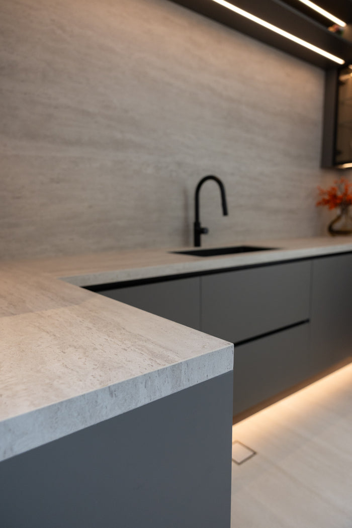 Huxberry bespoke graphite and travertine kitchen, Victory Heights, Dubai