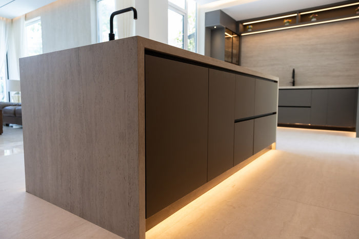 Huxberry bespoke graphite and travertine kitchen, Victory Heights, Dubai