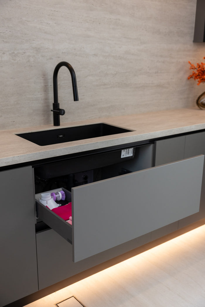 Huxberry bespoke graphite and travertine kitchen, Victory Heights, Dubai
