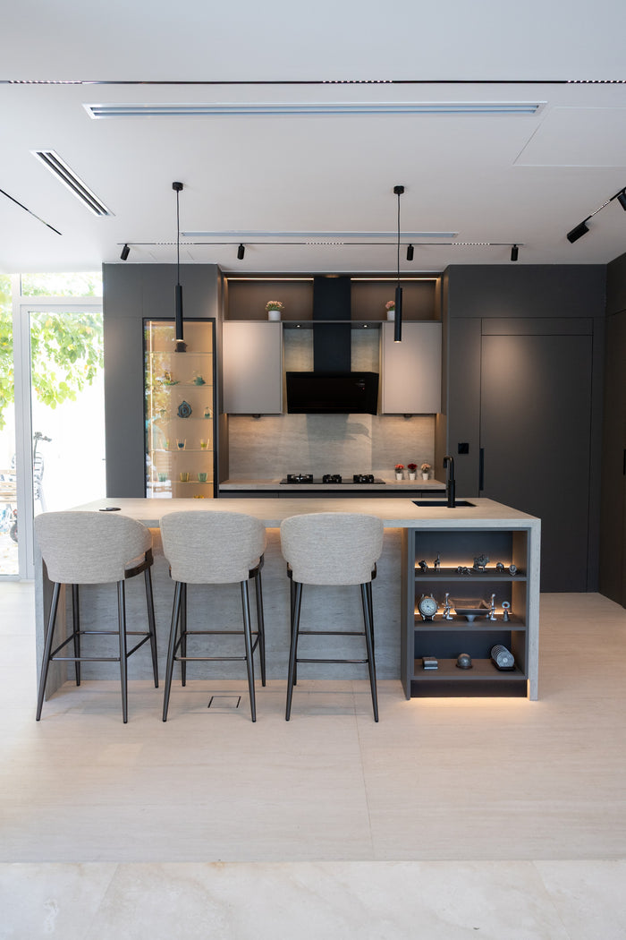 Huxberry bespoke graphite and travertine kitchen, Victory Heights, Dubai