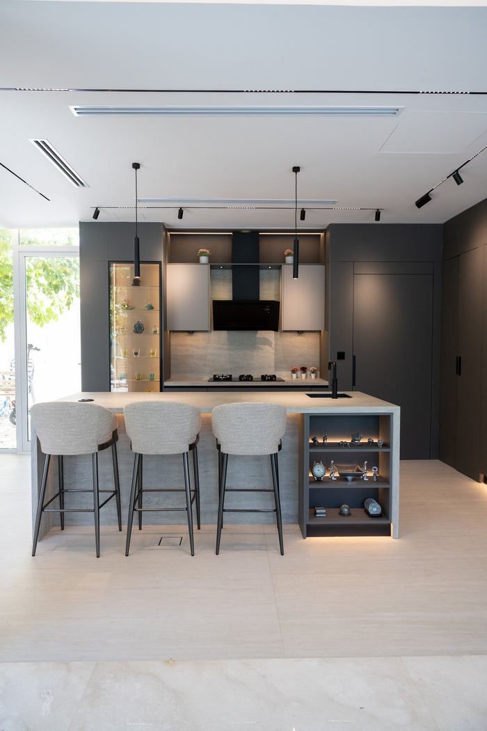 Huxberry bespoke graphite and travertine kitchen, Victory Heights, Dubai