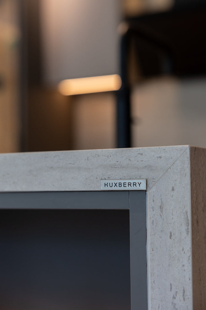 Huxberry bespoke graphite and travertine kitchen, Victory Heights, Dubai