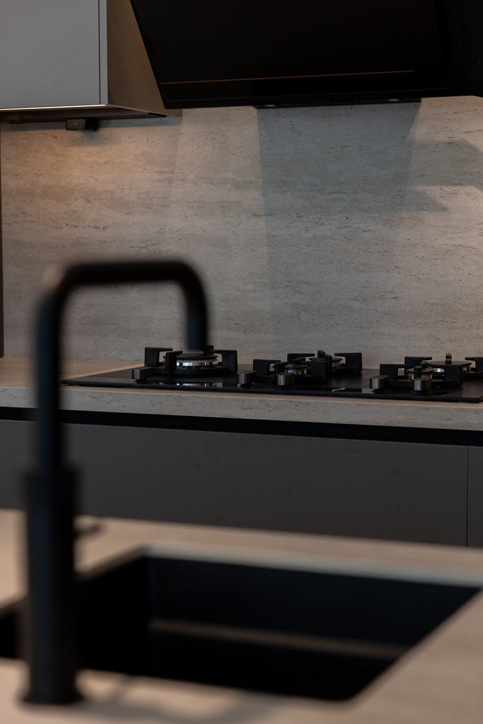Huxberry bespoke graphite and travertine kitchen, Victory Heights, Dubai
