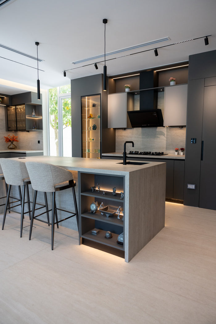 Huxberry bespoke graphite and travertine kitchen, Victory Heights, Dubai