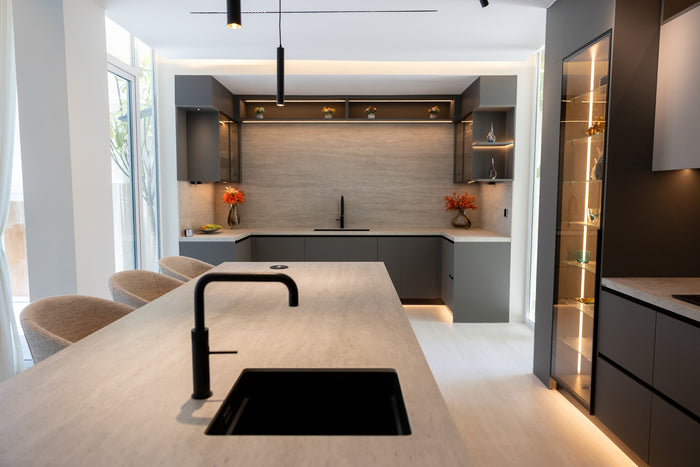 Huxberry bespoke graphite and travertine kitchen, Victory Heights, Dubai