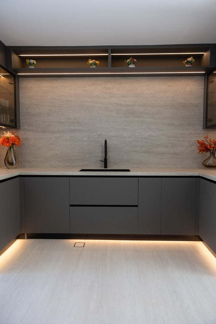 Huxberry bespoke graphite and travertine kitchen, Victory Heights, Dubai