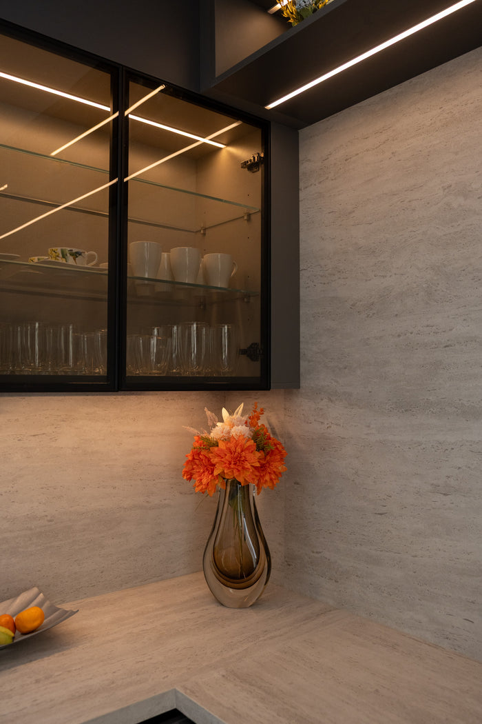 Huxberry bespoke graphite and travertine kitchen, Victory Heights, Dubai