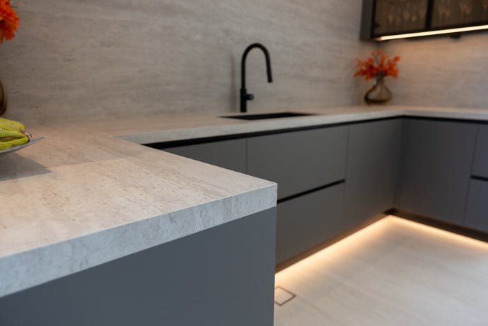 Huxberry bespoke graphite and travertine kitchen, Victory Heights, Dubai
