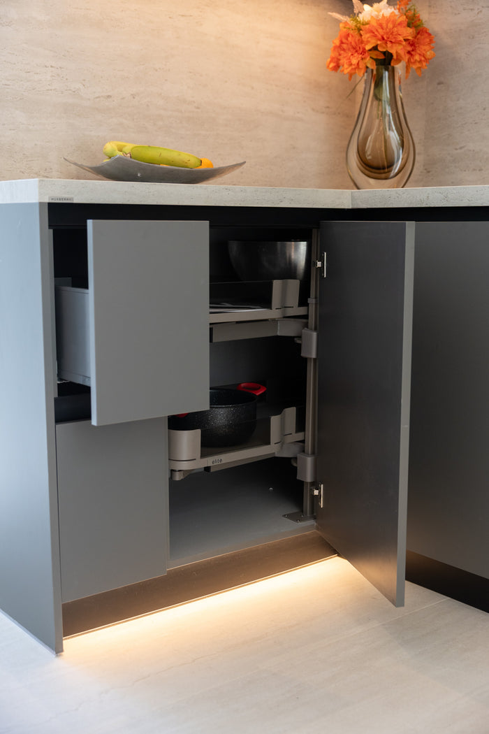 Huxberry bespoke graphite and travertine kitchen, Victory Heights, Dubai