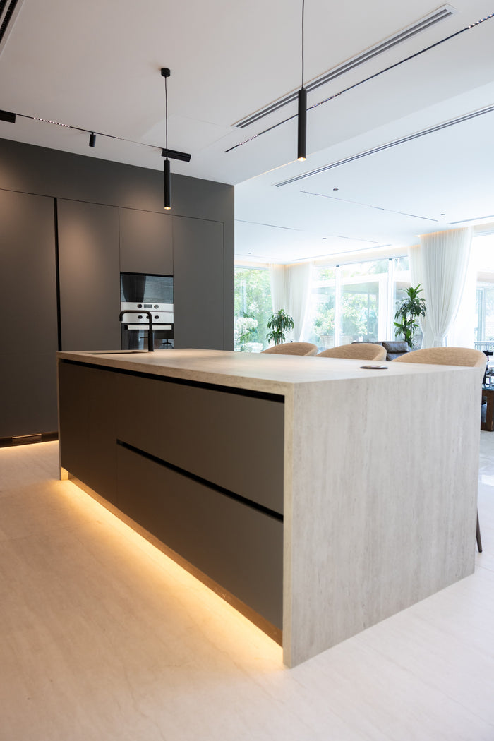 Huxberry bespoke graphite and travertine kitchen, Victory Heights, Dubai